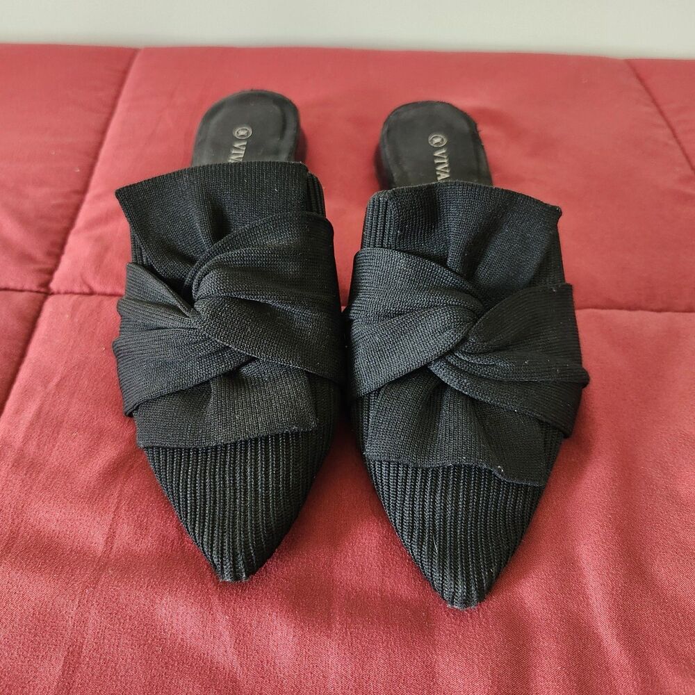 VIVAIA Yaffa Pointed Toe Knot Mules Size 38 (US 7.5) Eco Knit Black Fancy Party